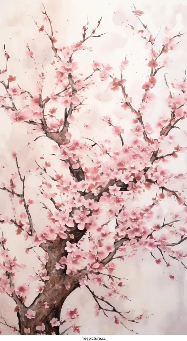 An illustration of a cherry blossom tree with delicate pink blossoms and a textured background.