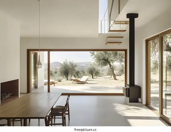 Modern Minimalist Home Interior Design with Large Windows Overlooking Olive Grove