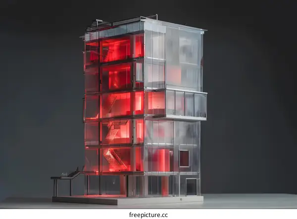 Transparent Glass Building Model with Red Interior Lighting
