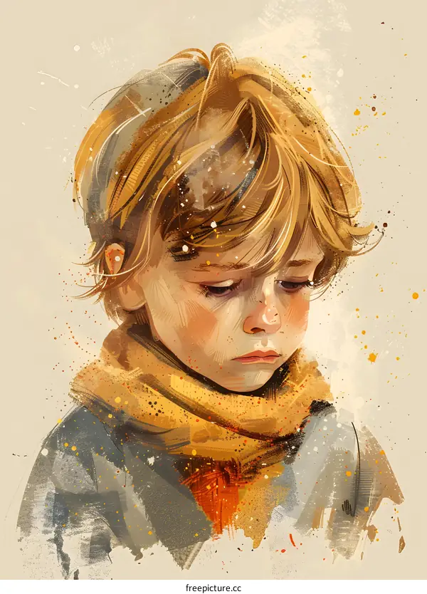 Portrait of a sad looking boy with blond hair and a yellow scarf