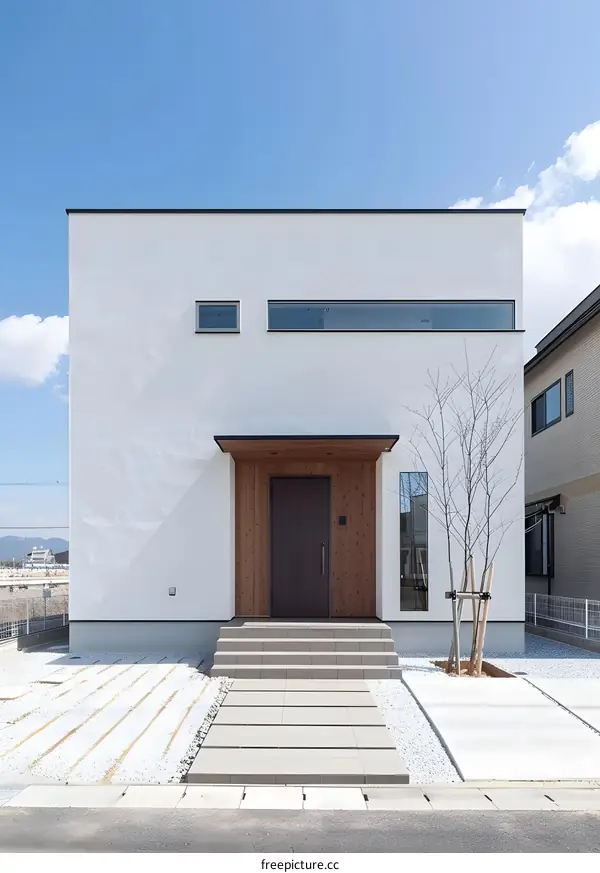 Modern White House with Wooden Door and Gravel Garden