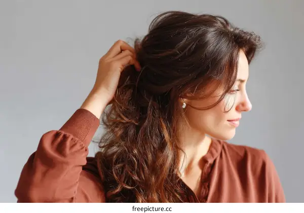 Woman with Wavy Brown Hair Adjusting Locks