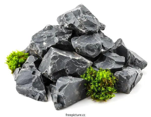 Black Rocks with Green Moss Isolated on White Background