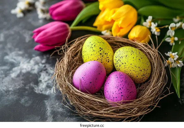 Colorful Easter Eggs in a Nest with Tulips