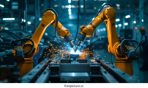 Industrial robots welding in a factory