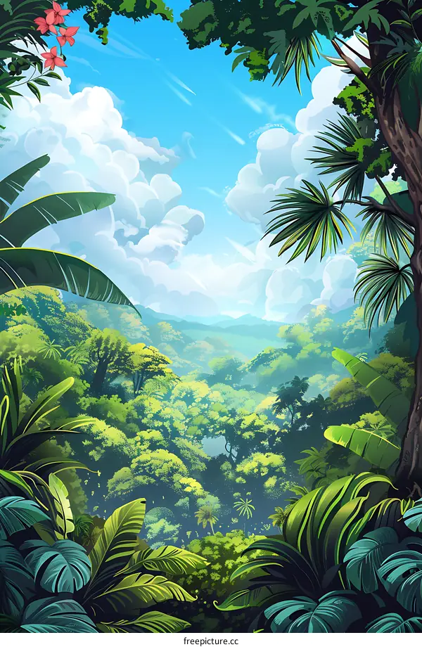 Jungle Landscape With Lush Green Foliage and a Cloudy Sky