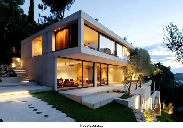 Modern Concrete House with Terrace and Garden Landscape