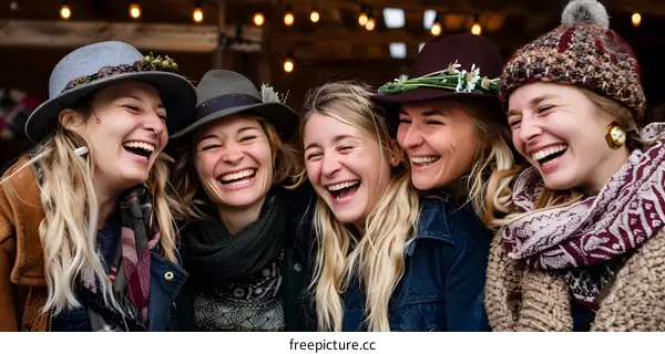 Four Female Friends Laughing Together In A Market Setting