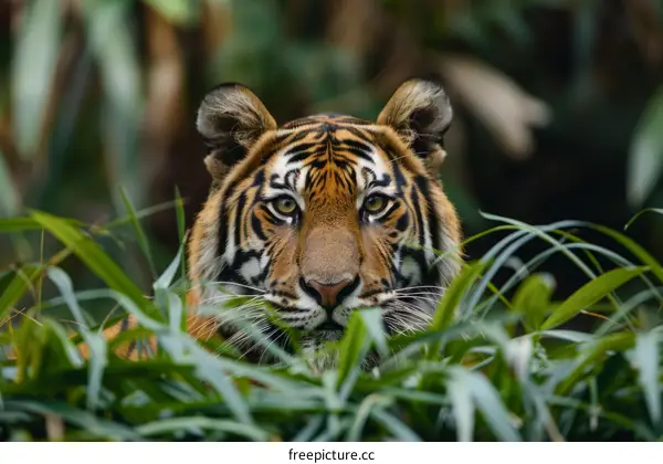 A fierce tiger stares out menacingly from the tall grass.