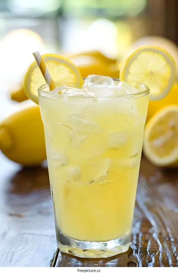 Refreshing Iced Lemonade with Lemon Slices and Straw