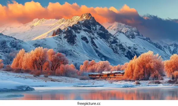 Winter Sunrise over Snowy Mountains and Frozen Trees