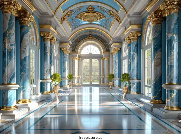 Grand Hallway With Blue and Gold Decor