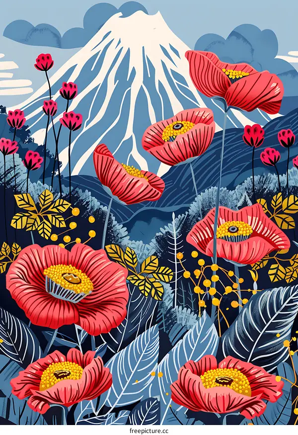 Mountain Landscape With Red Flowers