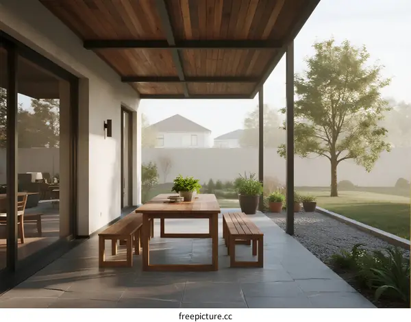 Modern Outdoor Patio with Wooden Furniture and Green Plants