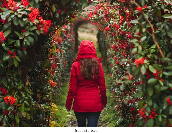 Woman Walking Through Red Flower Tunnel