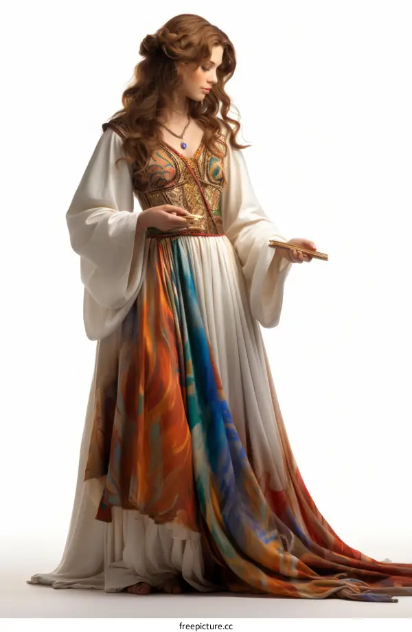 A woman in a colorful dress is holding a book in her hand