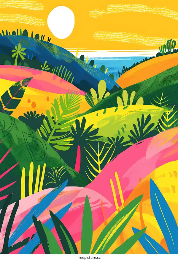 Colorful Tropical Landscape Illustration with Palm Trees and Sunset