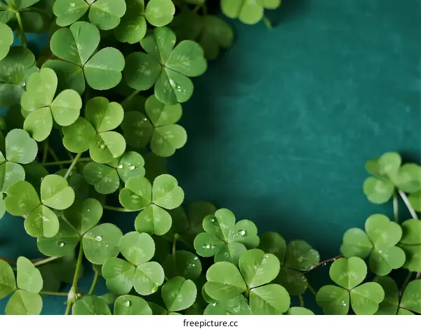 Green Clover Leaves with Water Drops on Turquoise Background