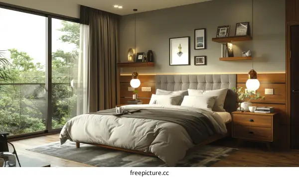 Modern Bedroom Interior Design: Green Accent Wall, Large Windows
