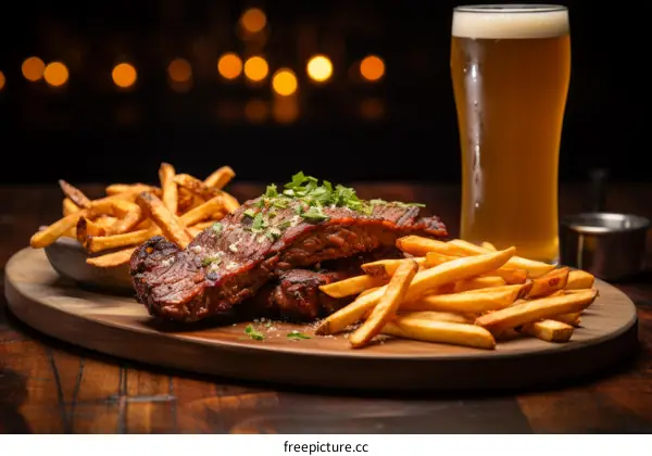 A delicious plate of barbecued beef short ribs with a side of fries and a glass of beer