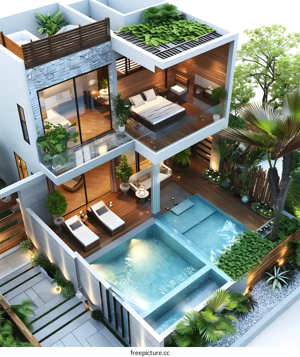 A modern villa with a pool