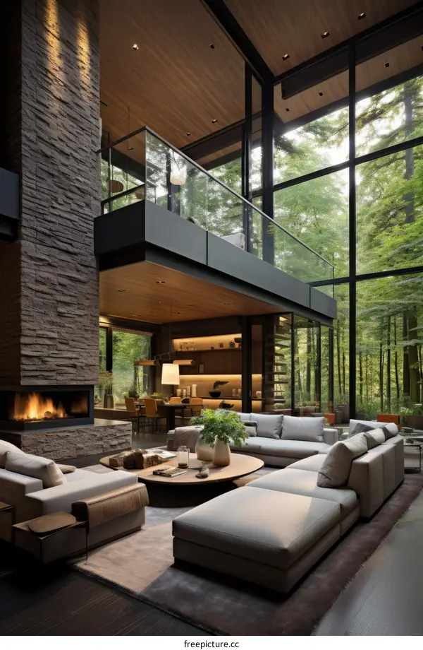 Modern Luxury Living Room Interior Design with Forest Panorama
