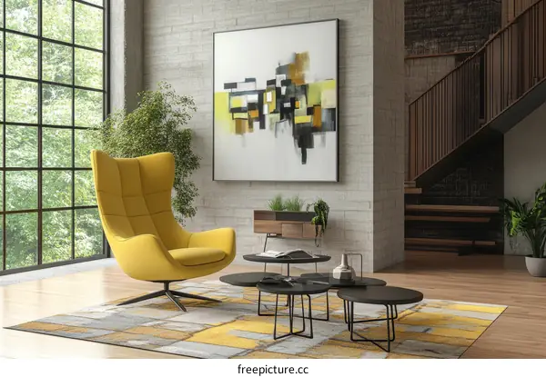 Modern Loft Living Room with Yellow Accent Chair