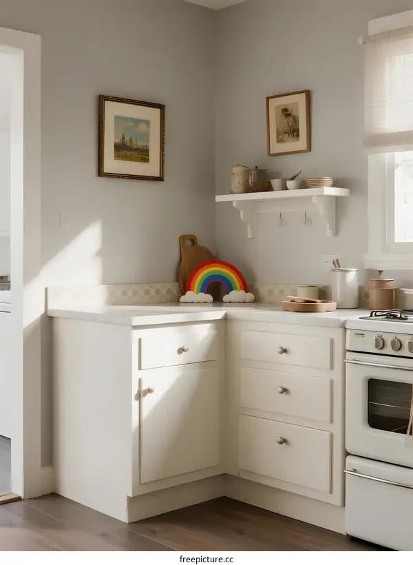A Cozy Corner with White Cabinetry and Rainbow Decoration