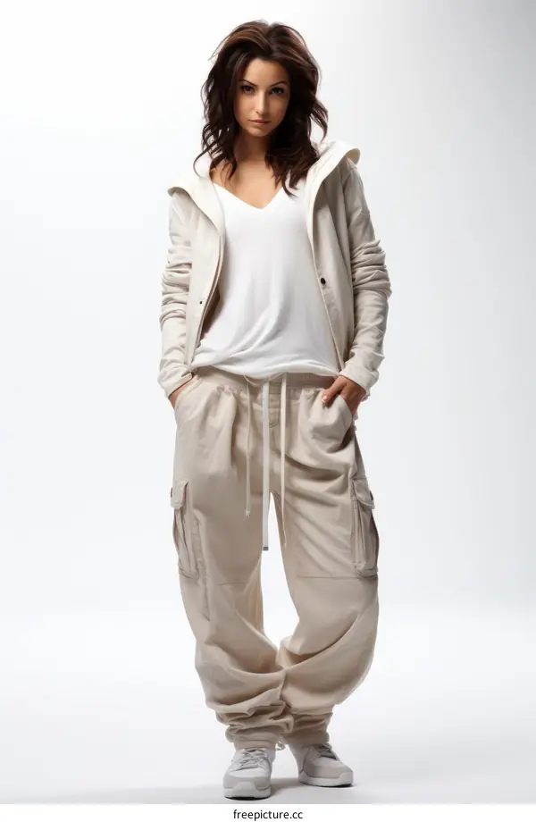 Fashion model wearing a white shirt and beige pants