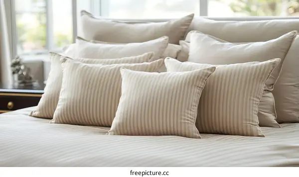 Striped Pillows on a Bed in a Bedroom