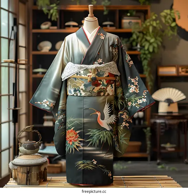 A kimono with a pattern of cranes and flowers.