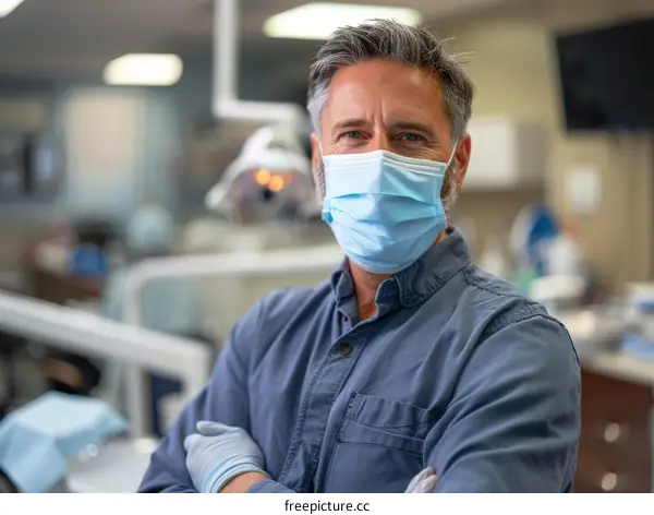 Portrait of a male dentist wearing a surgical mask and gloves