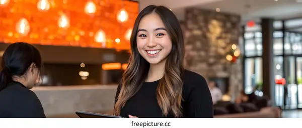 Smiling Asian Woman with Tablet in Modern Lobby