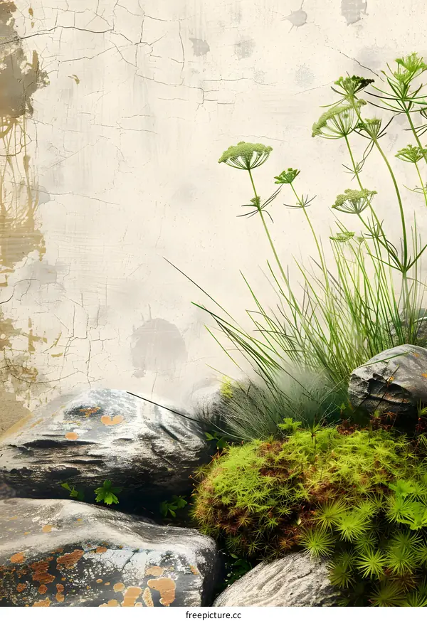 Green Grass and Rocks by a White Wall