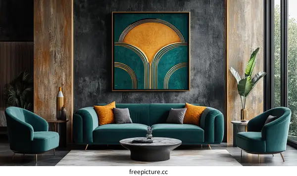 Modern Living Room with Teal Velvet Furniture and Abstract Art
