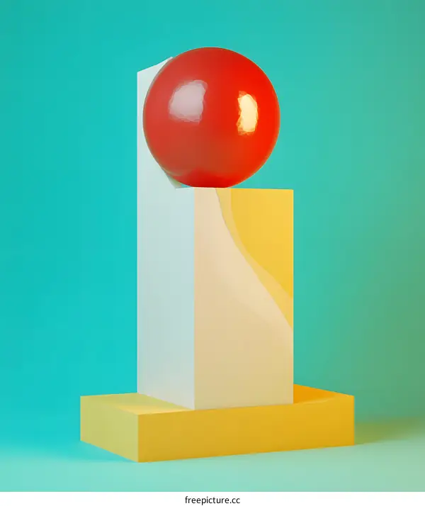 Abstract Minimalist Red Sphere on Yellow and White Platforms
