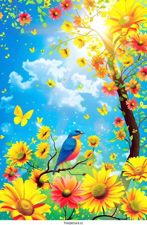 Beautiful Bird Perched on Branch With Colorful Flowers and Butterflies