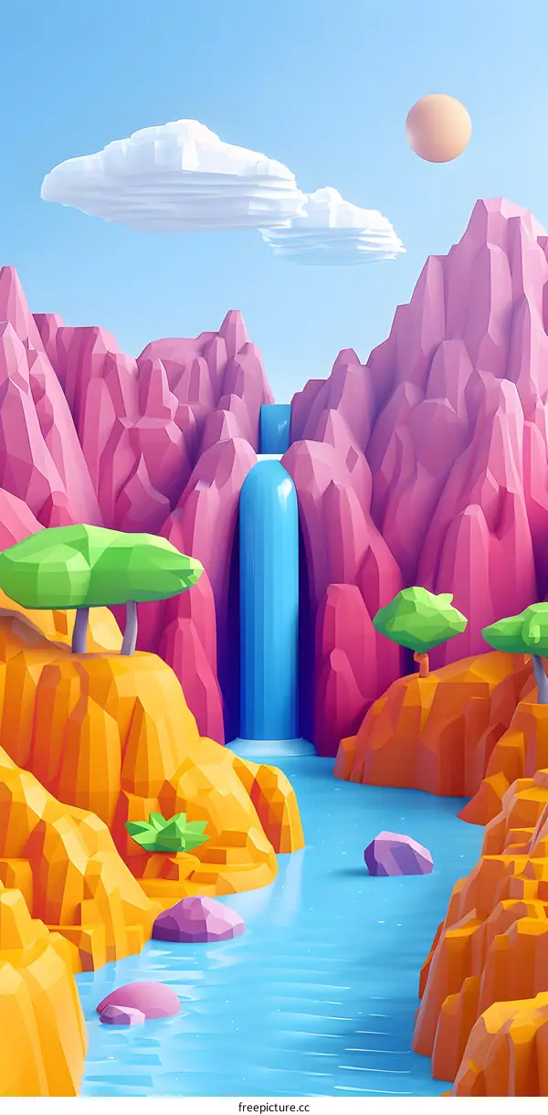 3D illustration of a waterfall in a canyon