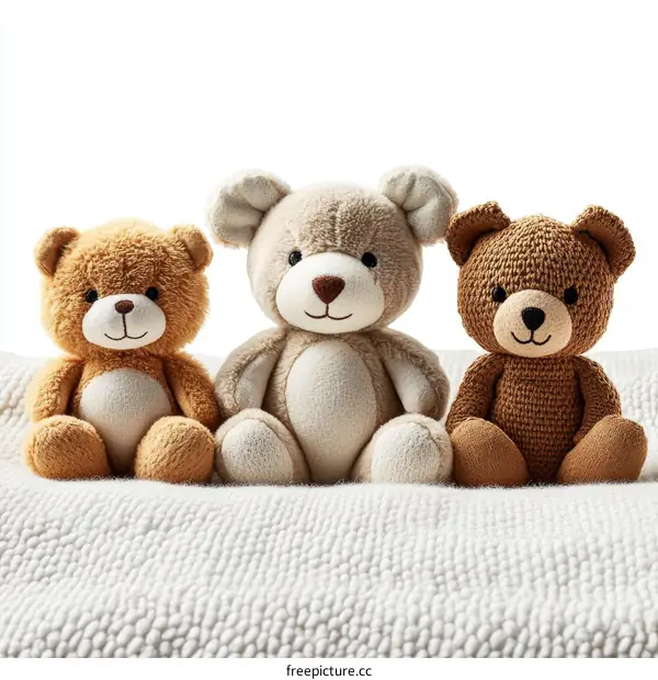 Three Cute Teddy Bears on a Soft Blanket