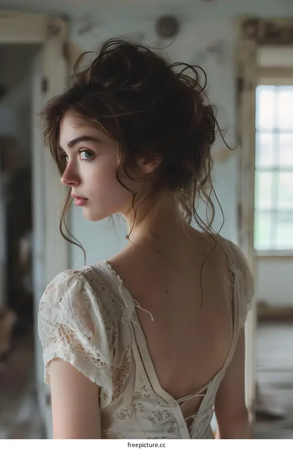 portrait of a beautiful young woman with brown hair wearing a white dress