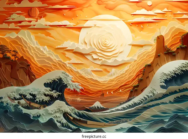 paper cut illustration of a mountain and sea landscape