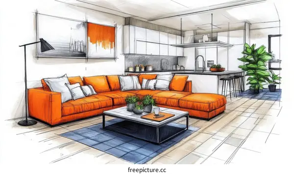 Interior Design Sketch of a Modern Living Room