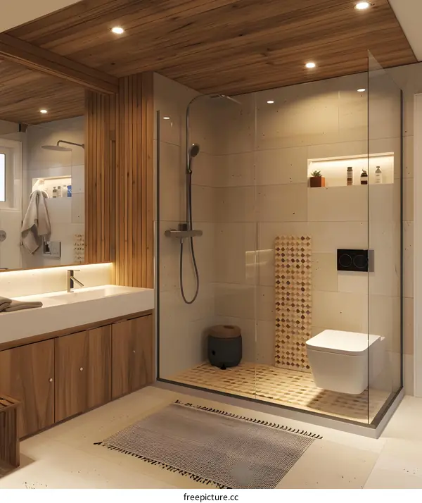 Modern Bathroom Design With Wooden Ceiling And Tile Floor