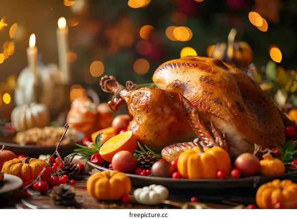 Thanksgiving dinner with roasted turkey, pumpkins, and other traditional food