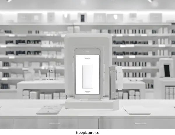 Modern White Retail Store Counter with Phone Display and Payment Terminal