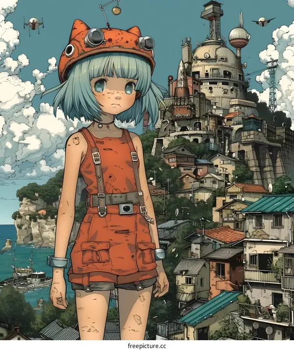 Girl in a Red Outfit Standing in Front of a Futuristic Cityscape