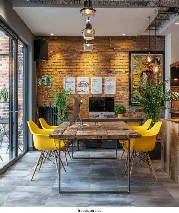 workspace with brick wall and yellow chairs