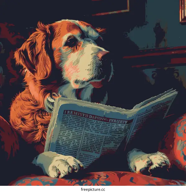 A golden retriever wearing horn-rimmed glasses is reading a newspaper.