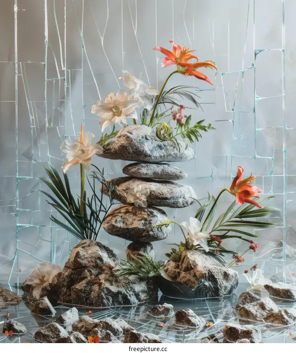 Still life with rocks, lilies and water