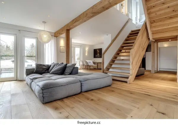 Modern Wooden Staircase and Living Area
